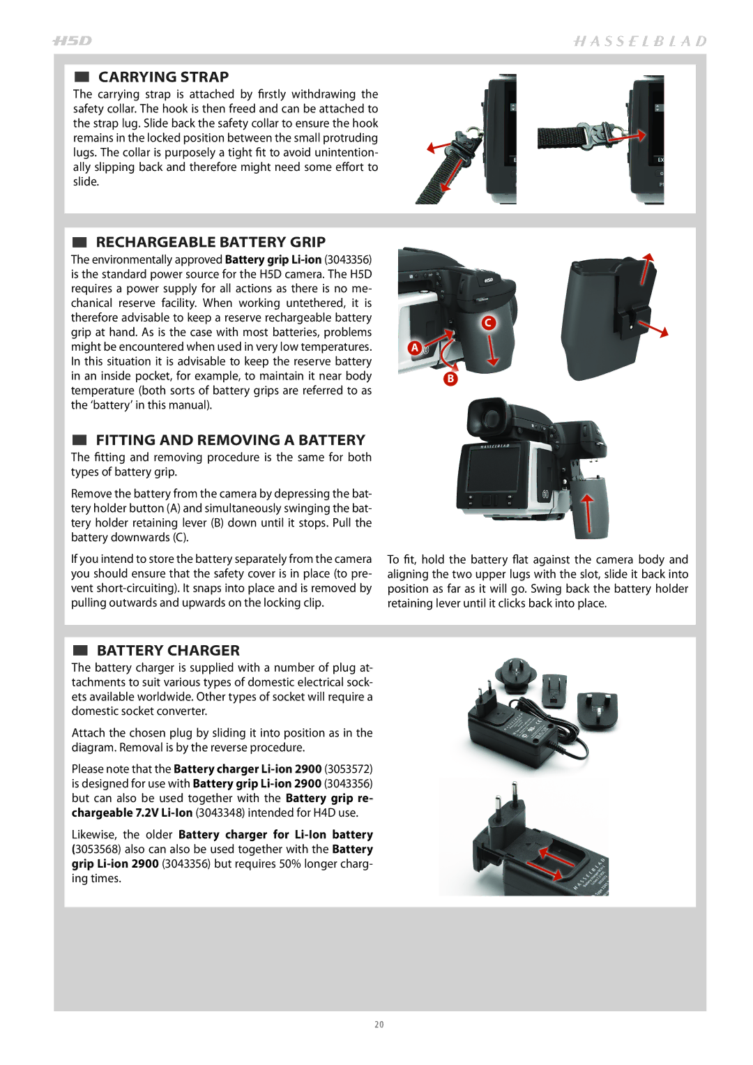 Hasselblad H4D200MS  CARRYING Strap,  RECHARGEABLE Battery Grip,  FITTING and Removing a Battery,  BATTERY Charger 